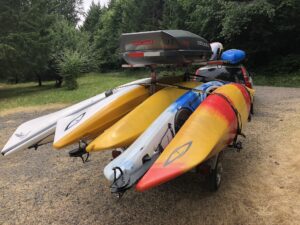Malone MicroSport Canoe Kayak Trailer with five kayaks and cargo carrier